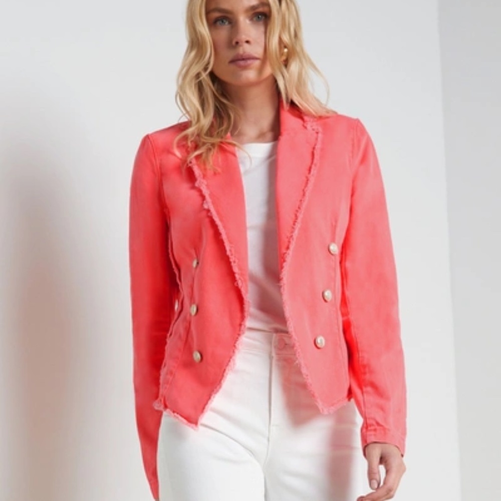L'AGENCE Wayne Cropped Fray Jacket Size XS in Neon Coral Pink NWT